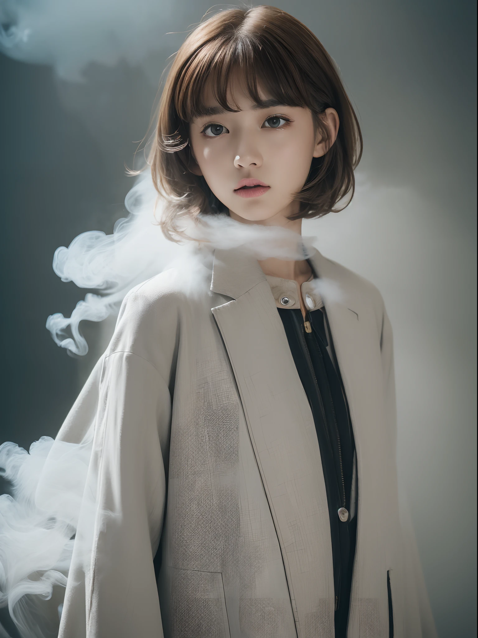 the Extremely Detailed CG Unity 8K Wallpapers、top-quality、ultra-detailliert、​masterpiece、studio shoot、close up of face、(White and black multicolor leather combat suit), realisitic、Photo Real、extremely detailed cute girl、独奏、18year old、japanes、Melancholy look, Ruined cityscape、(Against the background of a large amount of white smoke:1.5), Brown hair、Curly Bob Kat、out of focus、blur、