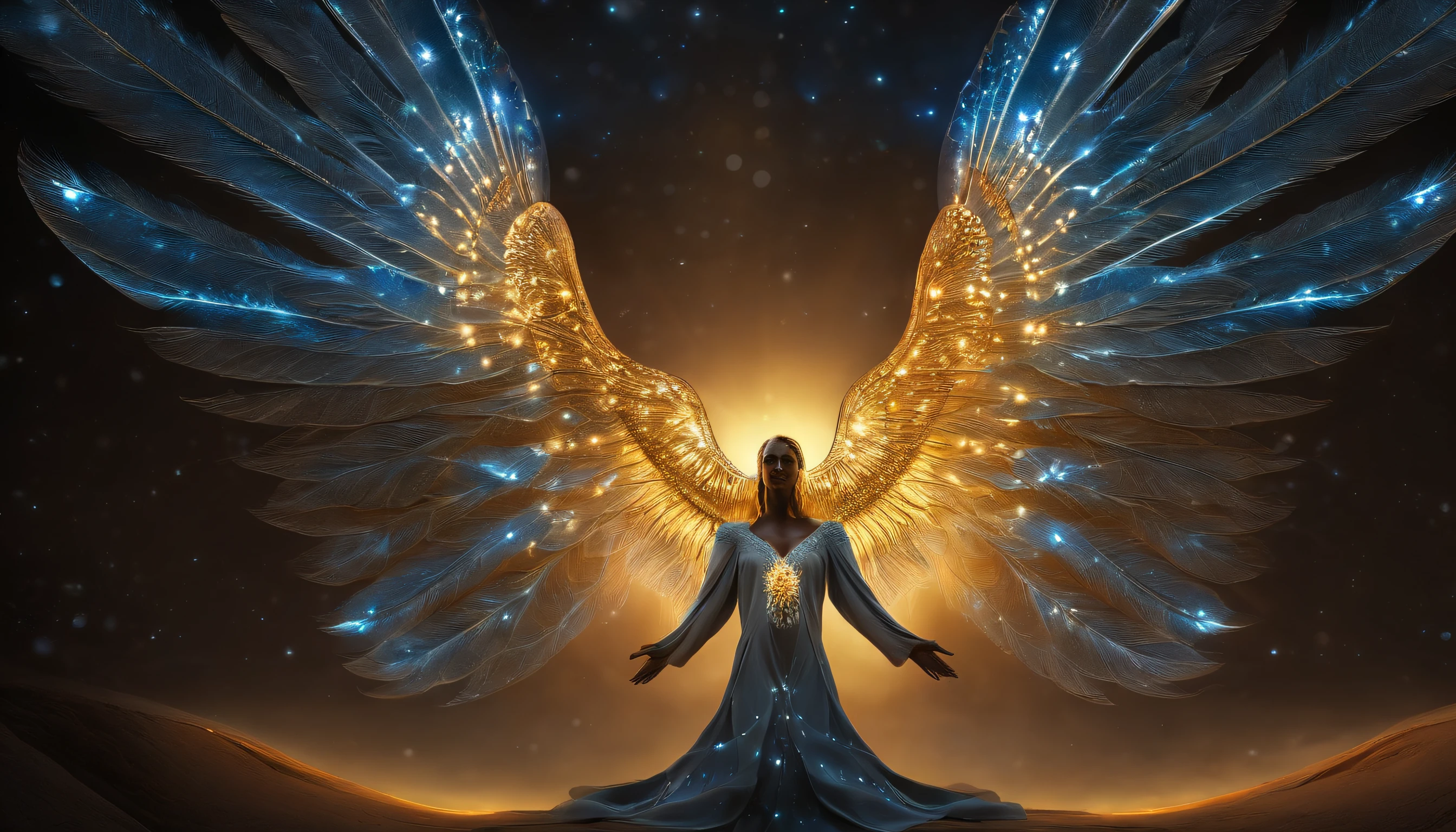 cosmic angel, St. Miguel Arcanjo, defensive position, olhos claros brilhantes, Biomechanicals, estranho, poderoso, celestial, cores muito brilhantes, light particles, com luz brilhante, Mshiff, Arte do papel de parede, papel de parede uhd