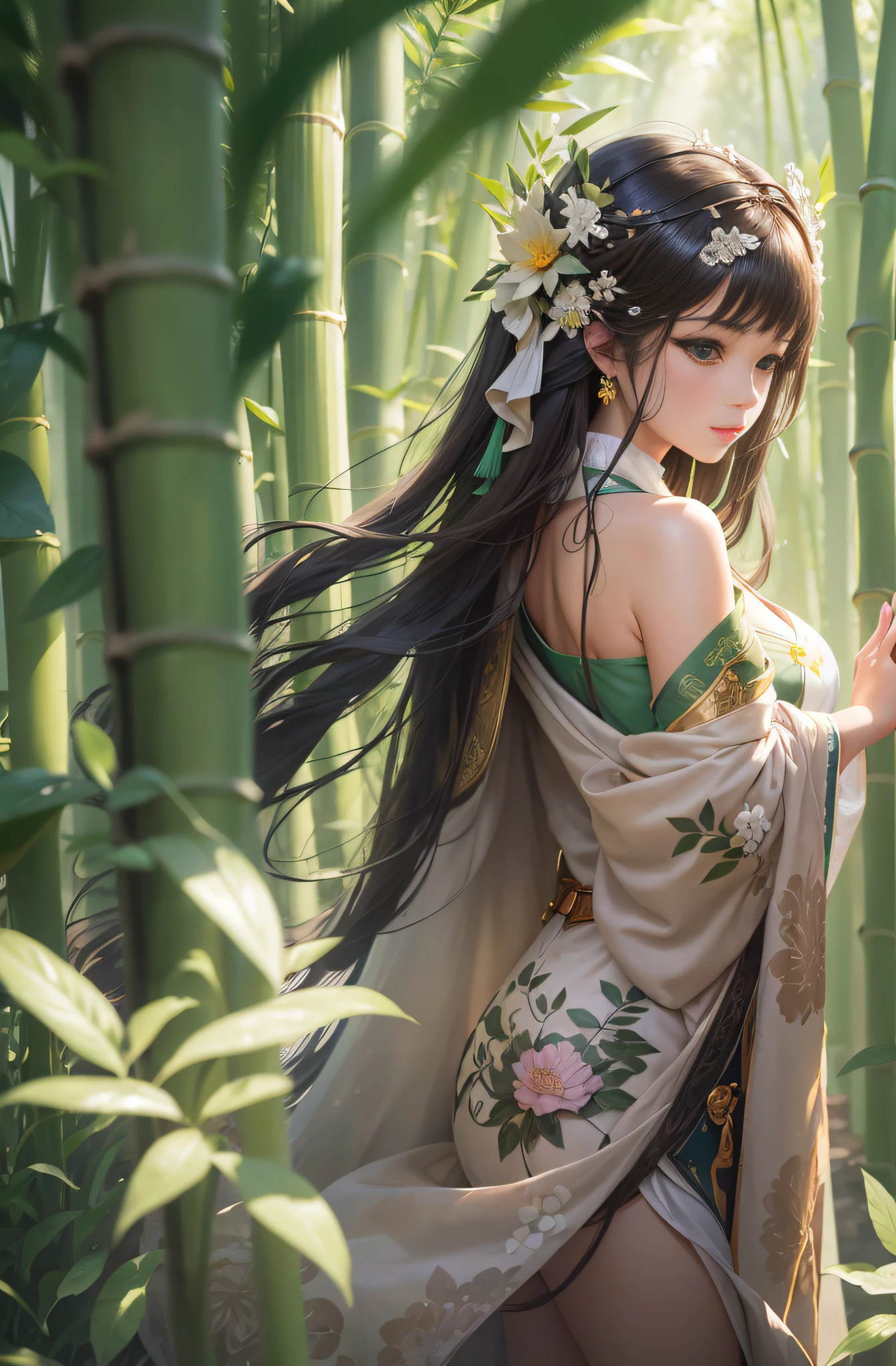 warmly lit,Smooth skin,Super light and shadow,tmasterpiece,In the sea of bamboo,Gentle eyes,(Sunshine 1.2)The sun shines on the face through the bamboo forest,closeup cleavage,Green background,Brunette long haired girl in Chinese costume,There are delicate headdresses,Missing eyes