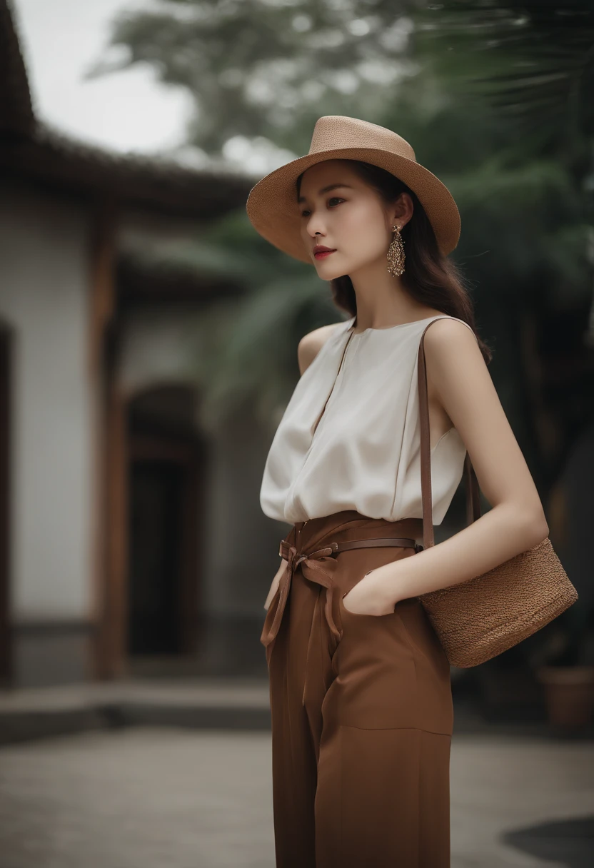 Delicate brown hair，Greige blouse、Sleeveless cotton blouse、Thin belt、One Shoulder Bag、Loose clothes made of cotton,、Slender woman、Walking、Super Detail，Anatomically correct、Ray traching，细致背景、