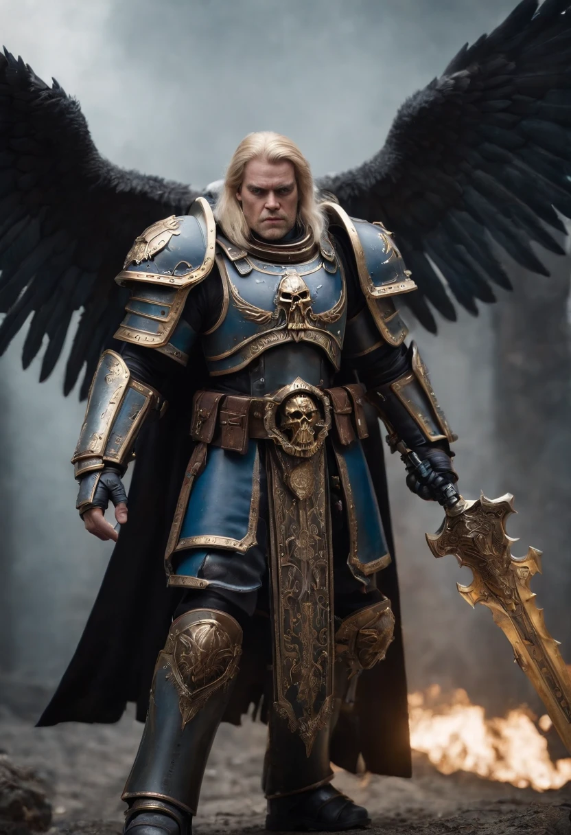 lionel el johnson the dark angel of space marine from warhammer wearing dark grey primarch armor and stand tall holding sword and blonde hair and beard blue eyes