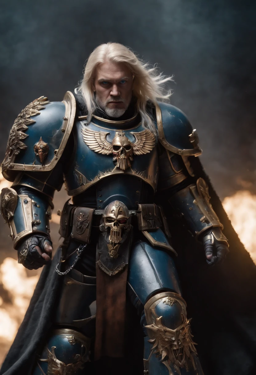 lionel el johnson the dark angel of space marine from warhammer wearing dark grey primarch armor and stand tall holding sword and blonde hair and beard blue eyes