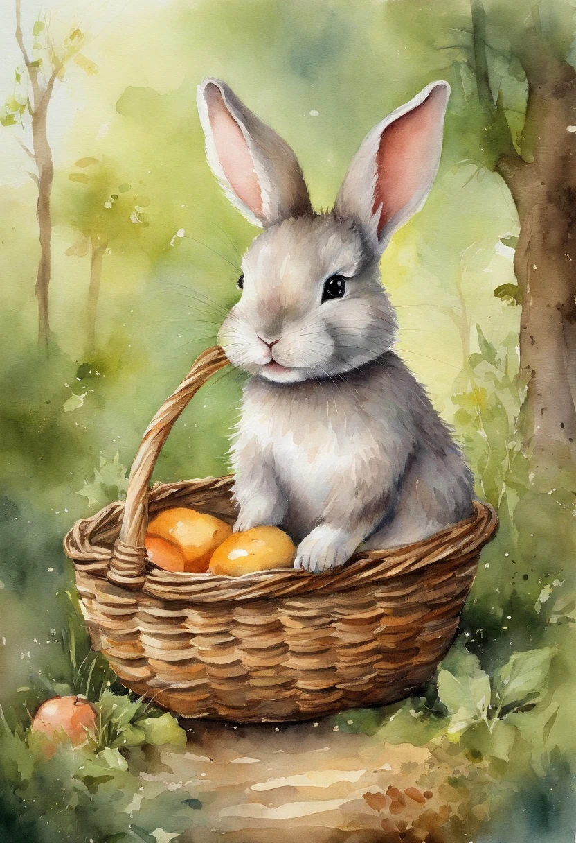 Image of a picture book、Cute Bunny、Various angles、in woods、Have a small basket、