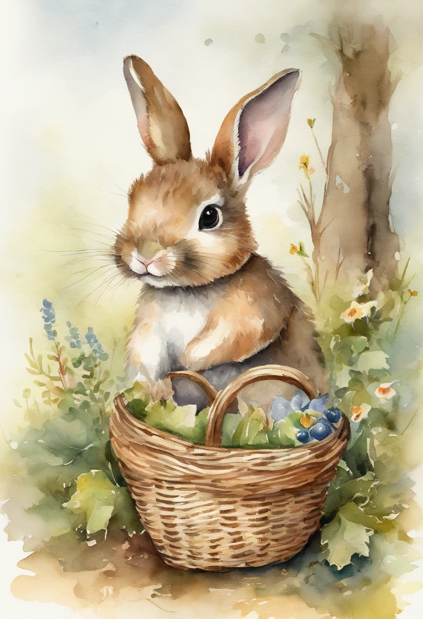 Image of a picture book、Cute Bunny、Various angles、in woods、Have a small basket、