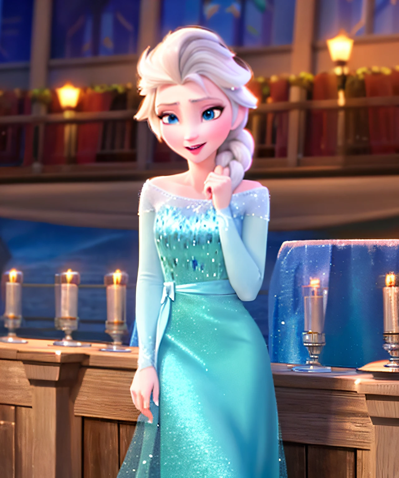 (masterpiece:1.4), (Better Quality:1.4), (High resolution:1.4), (natta:1.2), (sportrait:1.2), elsa of arendelle, Ice Blue Dress, (Single braid:1.1) ,Single braid, Disney style, Disney Animation, disney movie, ,professional photograpy, closes mouth, a closed mouth, A slight smil