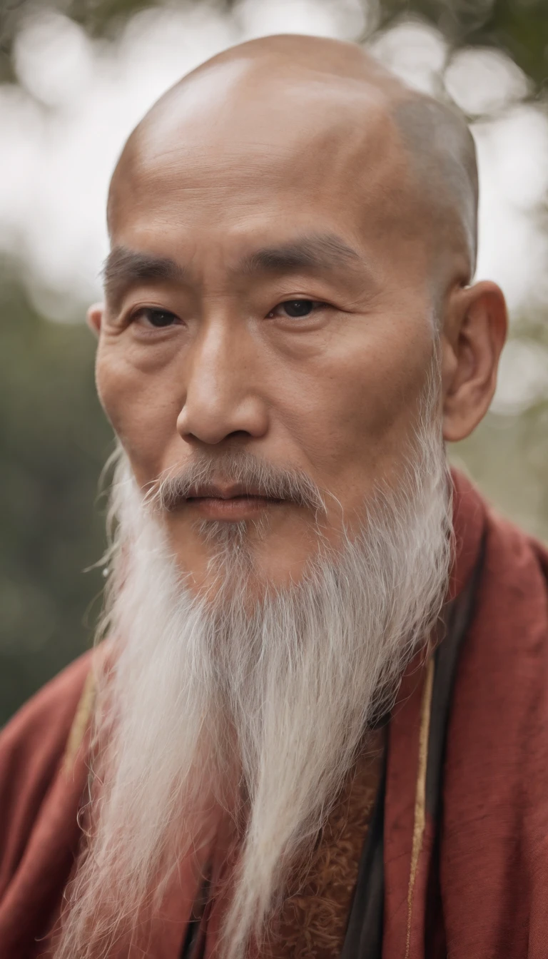 A close-up of an old monk with a long beard and a white beard, Taoist, bald，Monge costumes，inspired by Wu Daozi, Portrait of a monk, Taoist master, portrait photo of an old man, inspired by Hu Zaobin, inspired by Hu Zao, Long white beard