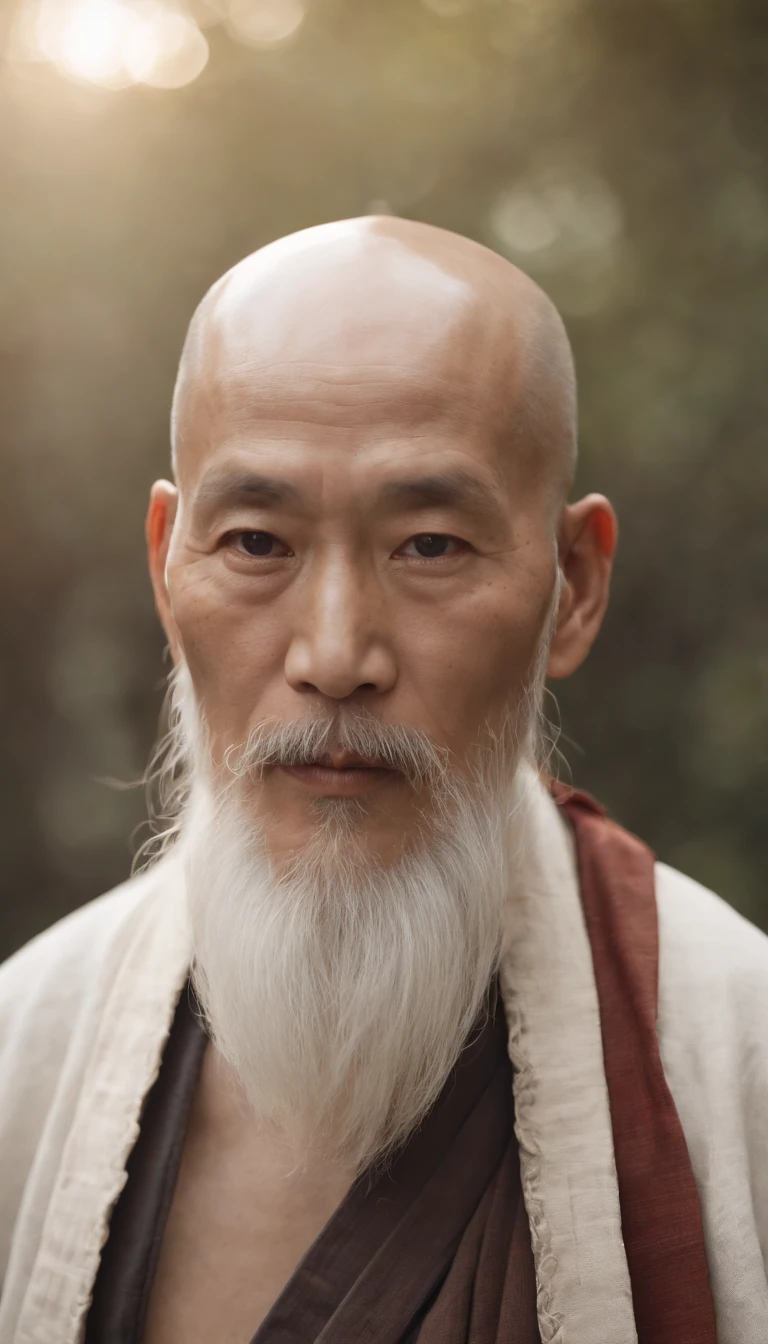 A close-up of an old monk with a long beard and a white beard, Taoist, bald,Monge costumes,inspired by Wu Daozi, Portrait of a monk, Taoist master, portrait photo of an old man, inspired by Hu Zaobin, inspired by Hu Zao, Long white beard