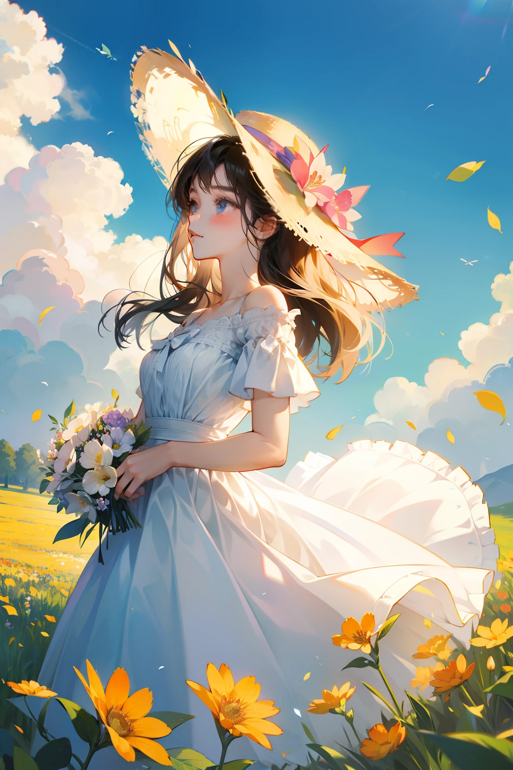 Hat, dress, bow, petals, Bouquet,Girl in the flowers,,Flower butterflies fly,summer day,a sense of atmosphere,gentleness