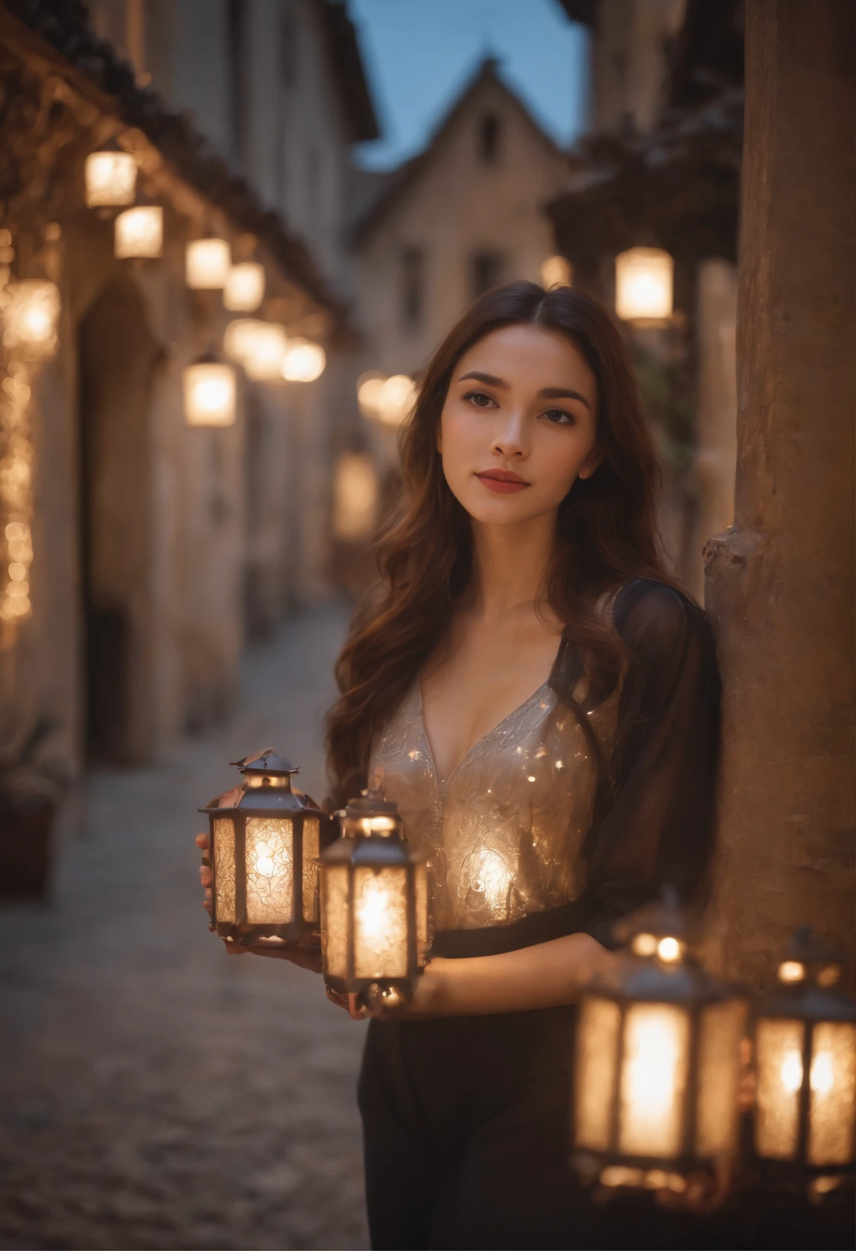 Beautiful night lit with stars，A bright moon，Lively street，Decorations，lanterns，There are many shops in the door，A wide range of products，Young girl walking forward，Smile back，Masterpiece, 8K, A high resolution, Best quality, High details, Textured skin