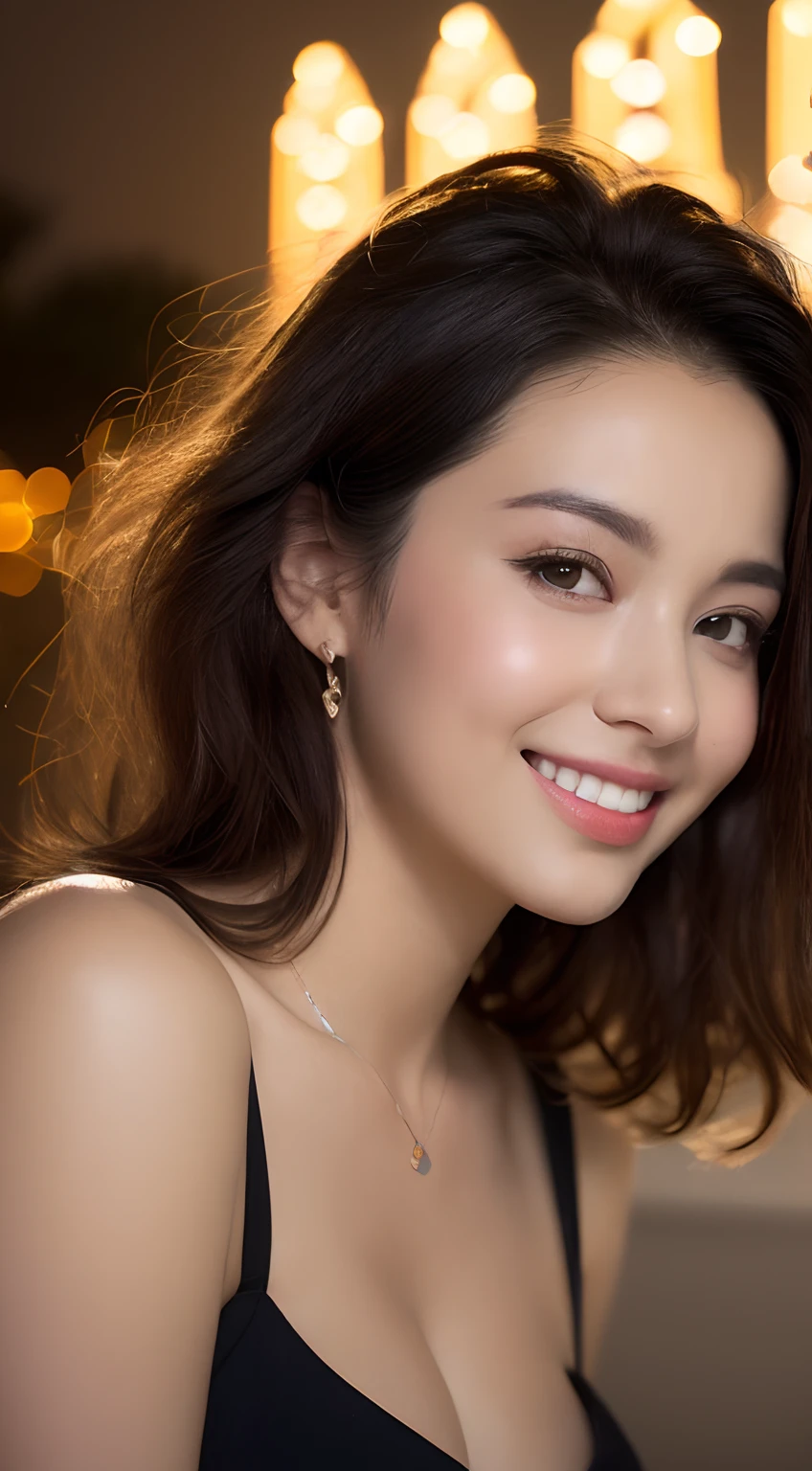 ((Night Scene, Realistic Light, Best Quality, 8k, Masterpiece: 1.3)), 1 Girl, Slim Body Beauty: 1.4, Brown Hair, (((Super Big: 1.3)), Off-Shoulder Cut Top: 1.3, Ultra Detailed Face, Detail Eyes, Double Eyelids, Disneyland, Fountain, Castle, Fireworks, Smile, Cleavage, Saggy, ((Saggy Breasts)), (((Beauty)), My Morning Hair's a Mess,