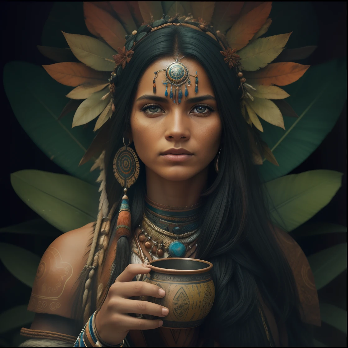 Beautiful shaman warrior woman, with extreme indigenous beauty, segurando uma pequena vasilha de madeira marrom. ethereal and enchanting." She is dressed in photographrealistic shaman clothes, fotografia, obra-prima, realista, Realismo, renderizado, Alto contraste, digital art photographyrealistic trend in Artstation 8k HD high definition detailed realistic, detalhado, textura da pele, hiper detalhado, textura de pele realista, armadura, melhor qualidade, ultra high-resolution, (fotografiarrealista: 1.4), alta resolução, detalhado, Calado bruto, sharp re, por lee jeffries Nikon D850 Filme Fotografia de Stock 4 Kodak Portra 400 Lente F1.6 Rich Colors Realistic Texture Dramatic Texture Dramatic Lighting Irrealengine Trend on Artstation Cinestill 800