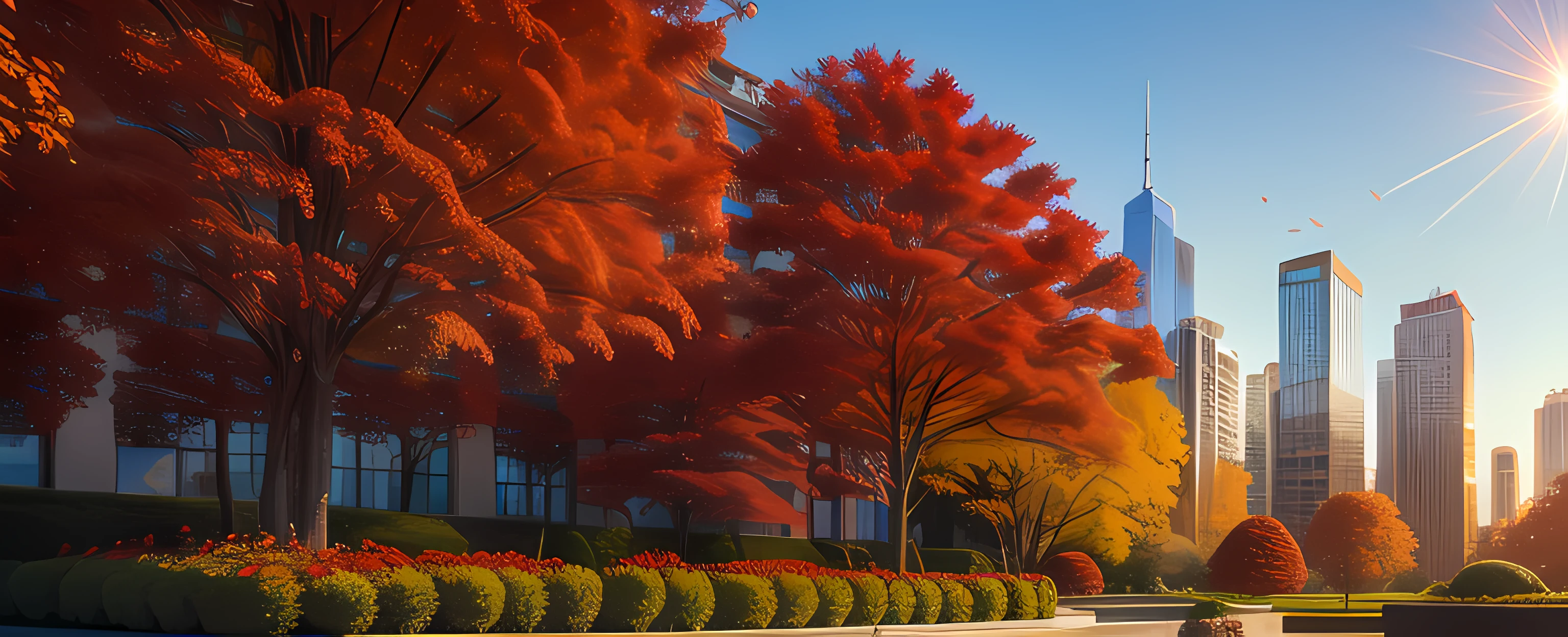 Scenery , Skyscrapers , Garden , Flowers , Lycoris Radiata , Red Spider Lily , Lycoris ,, Wind , Blue sky , Evening , Sun , floating leaves, autumn . shooting stars in the sky