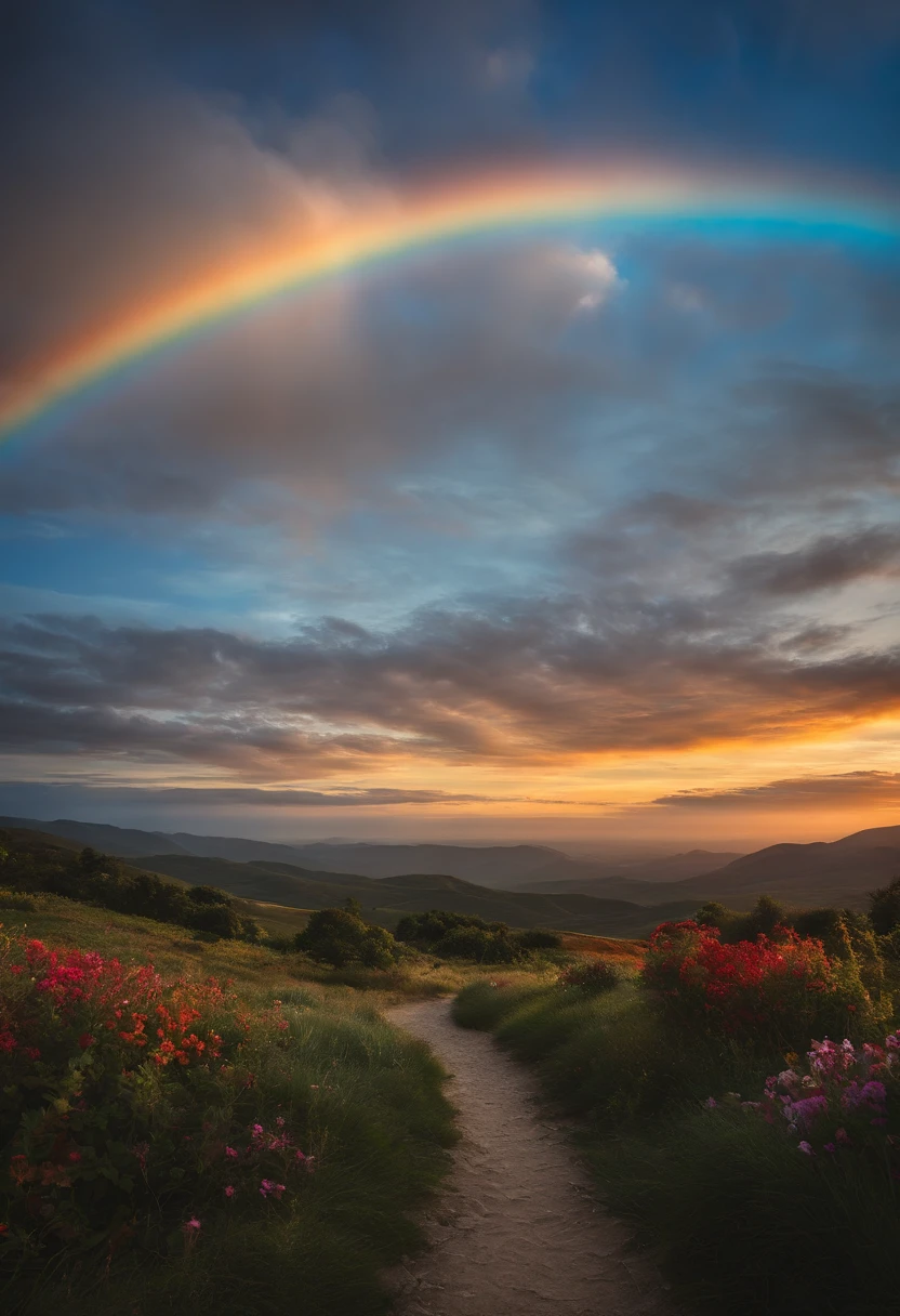 "Generates 4K resolution wallpaper images showing dream scenarios. The background should represent a clear bright blue sky, Soft white clouds scattered. In the middle of the horizon, I want a vivid and colorful rainbow that stretches from one side of the sky to the other, All colors are clearly defined、Realistic.