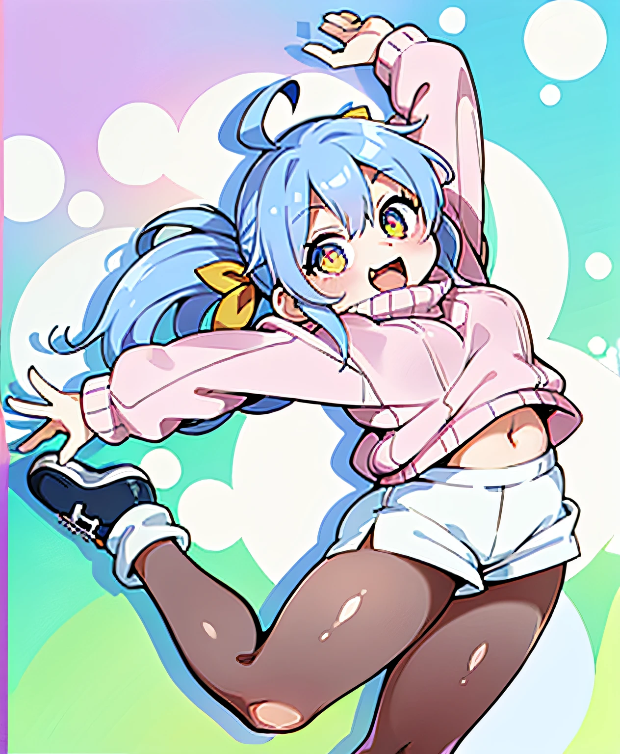 hight resolution, Best Quality, High quality, masutepiece, ((((Tsurime)))), ((big anime eyes)), Girl jumping up with arms raised, Wink at the camera and smile, small curvy loli, Dynamic Poses, Purple ponytail hair, pale yellow eyes, Wearing a pale pink sweater and blue shorts and black tights, The belly button is visible, ((cheek bulge)), Big ass, ((thighs thighs thighs thighs!!!!!!)), thick leg, ((Emphasis calf))