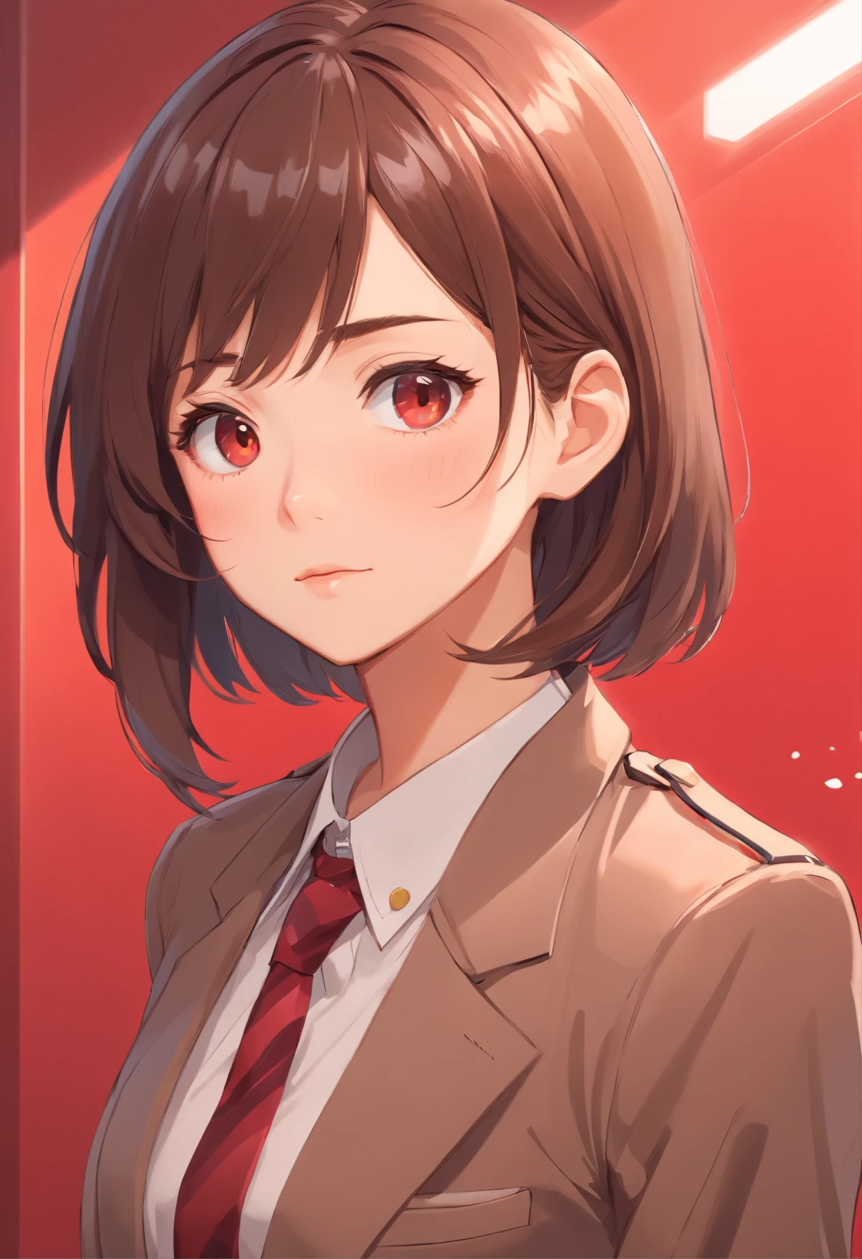 Best quality, High details, high resolution, HD, 16k,Close-up photo of shoulder length short brunette girl in suit uniform, ultraclear, Flawless and delicate face, Truly delicate skin,beautiful, Delicate and clear eyes, Look at the screen, Simple, (simple red background)