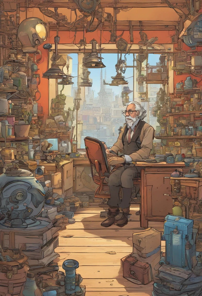 In a forgotten corner of a sprawling steampunk city, an elderly inventor lives alone in a creaky mansion. His cluttered workshop is filled with intricate gadgets, gears, and blueprints. Despite his solitude, his nimble fingers have crafted wonders for decades.
As he gazes out of a dusty window at the mesmerizing cityscape of airships and brass skyscrapers, the inventor sketches feverishly. He's on a mission to create his next marvel, something that will change the world.
