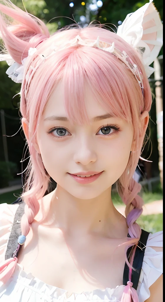 (ultra-detailliert), Frontal Face,head shot, Front view,Cute princess dress in white,(frilly dress),(shortsleeves),Blue eyes,The upper part of the body、cowboy  shot、faces、(A smile:1.5),(facing front:1.2), 20yr old, teens girl,no tail,(no tail),2D, ​masterpiece, top-quality, animesque, A detailed eye, A detailed face, girl with, Only 1 person,Medium hair with pink hair, (Pink hair),  small tits, straight haired、Pink ribbon, Ribbon around the neck, (White sleeves), Stand at the intersection、No headband