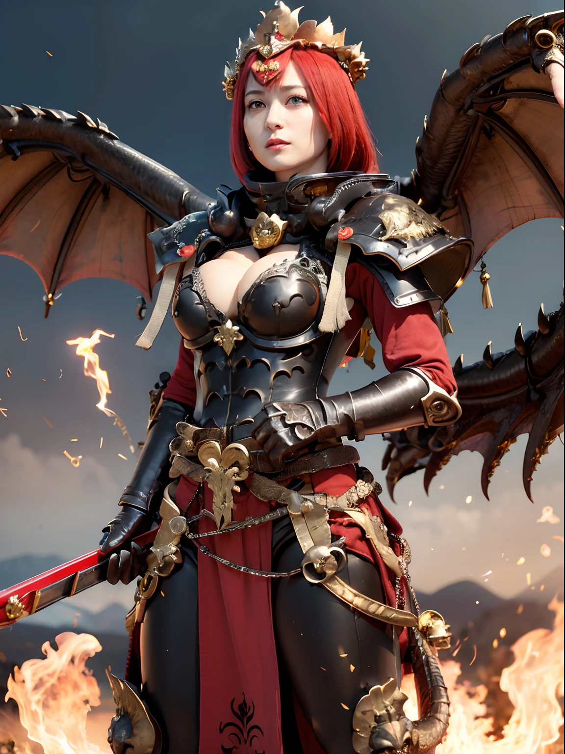 (masutepiece), Professional , ​masterpiece、top-quality、photos realistic , depth of fields 、（Dragon Black Metal Body:1.4),(Matte Black、（cleavage of the breast）、Dragon Gold Weapon（Gold Dragon Metal Body:1.４),Gorgeous gold weapons ,（demonic wings）、Fight against a group of skeleton soldiers、（（ Dragon's dense and gorgeous sword）） , （demonic wings） ,Detail and gorgeous crown、（（Red hair））、（Castle background）、（（Gangle's forest background））、Beautiful Caucasian beauty、１a person、dynamic ungle,(((Detailed and ornate dragon helmet)))、Smaller head、A smile、Castle background、Thin and beautiful female hands、cleavage of the breast、Soldier in iron armor on background、Mystical expression、Light Effects、intense fighting、Wind-effect、magic circles、With the legendary magic wand、Dragon's tail、Long straight hair、