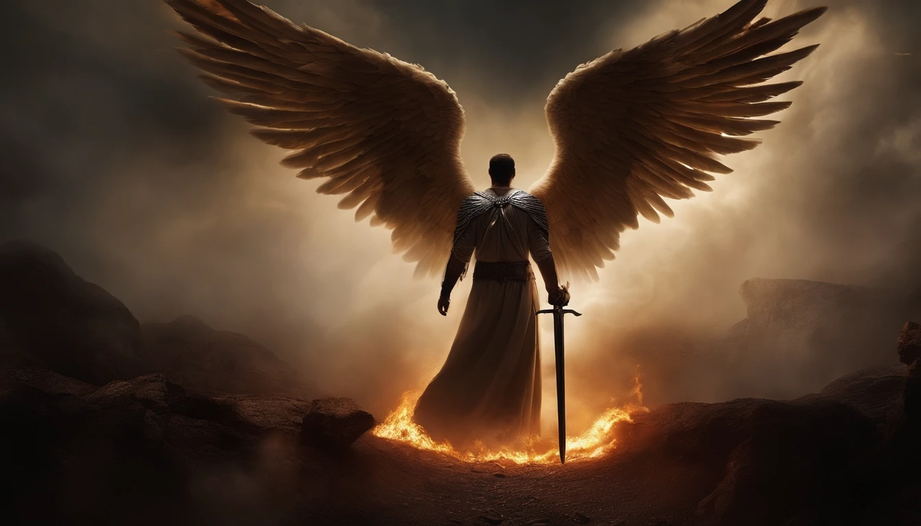 an image of an angel with a sword standing in hell, Anjo no inferno, arcanjo, angels vs demons, angel watching demon, angels and demons, anjo protegendo o homem, Arcanjo Miguel, O Anjo da Morte, Battle between angels and demons, anjo super largo, epic angel wings, angels protecting a praying man, necessidade humana anjo da morte. ((imagem epica)), ((alta qualidade))