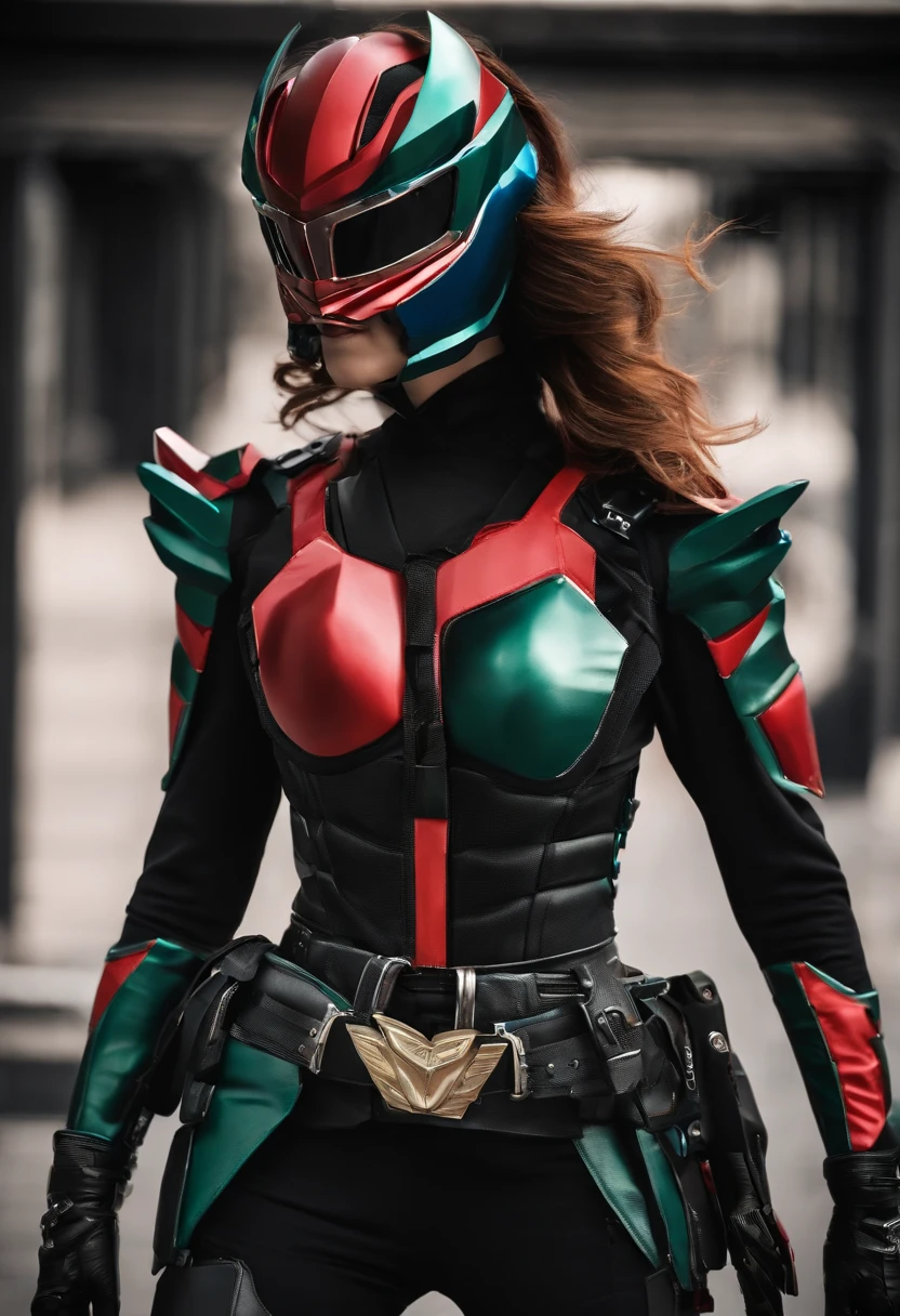 （（Girl Kamen Rider）），（（Body armor made of steel）），（（Transformation belt with knife holster））