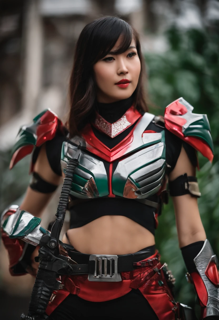 （（Girl Kamen Rider）），（（Body armor made of steel）），（（Transformation belt with knife holster））