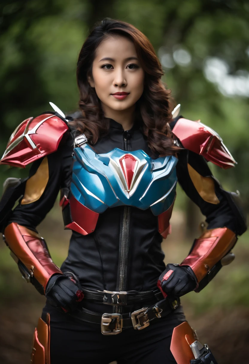 ((Girl Kamen Rider)),((Body armor made of steel)),((Transformation belt with knife holster))