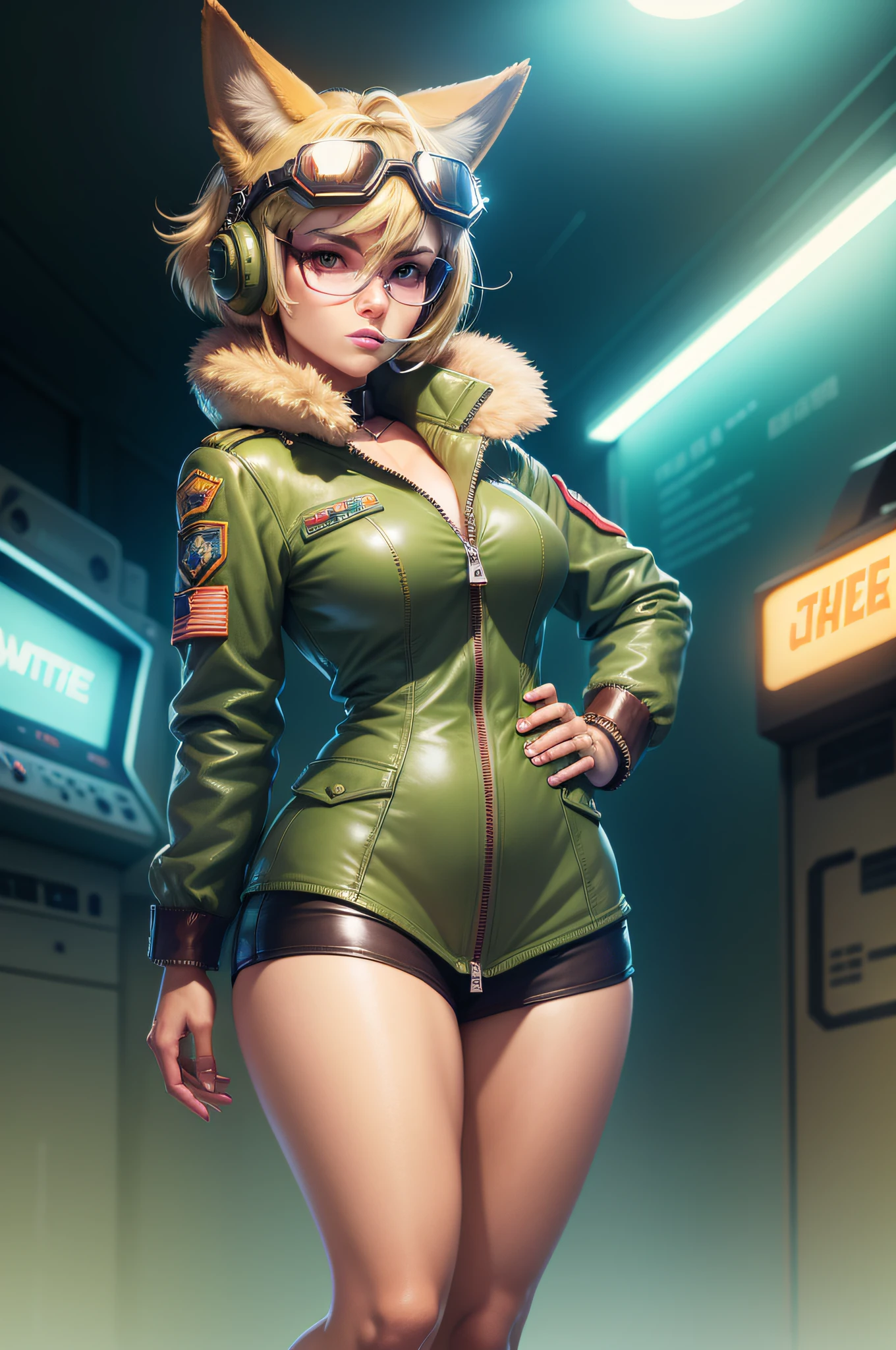 a funny retrowave ((coyote female)), (pure beauty), ((pretty detailed face)), wearing a world war 2 pilot jacket (leather), green (pilot suit) with zipper, and (pilot goggles), ((thight clothes))david clark headset (green), sexy, slim body, ((blonde hair)), neon ligthning, full body picture, full head picture, 80s atmosphere, fur, (fur ears), fur tail, retro arcade game vibes, (looking at camera), 8k, ((high resolution)), very detailed, ultra hd, nose art pin up