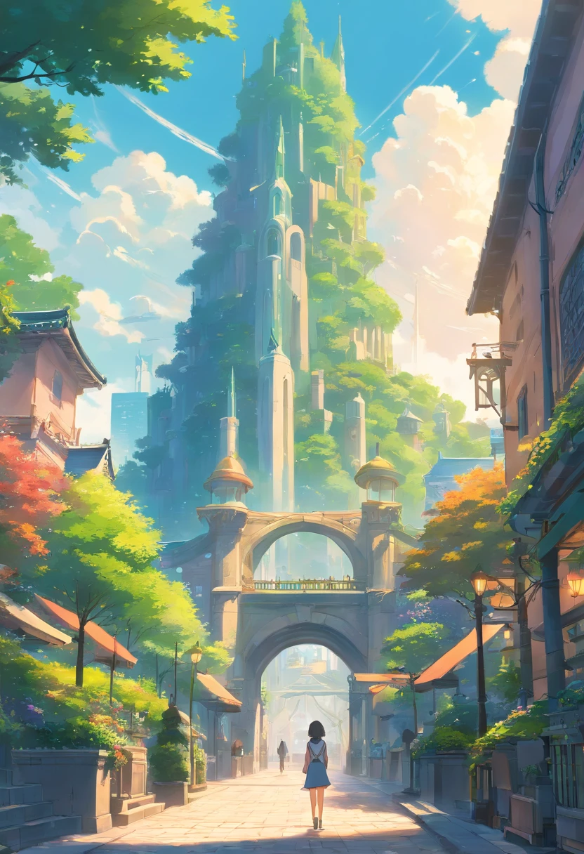 Un parque en medio de una ciudad, jardin, small forest, fantasy art, ciudad medieval, Fantasy City, hermosa ciudad con hermosos jardines, parque, bellos edificios, Magnificent fantasy city