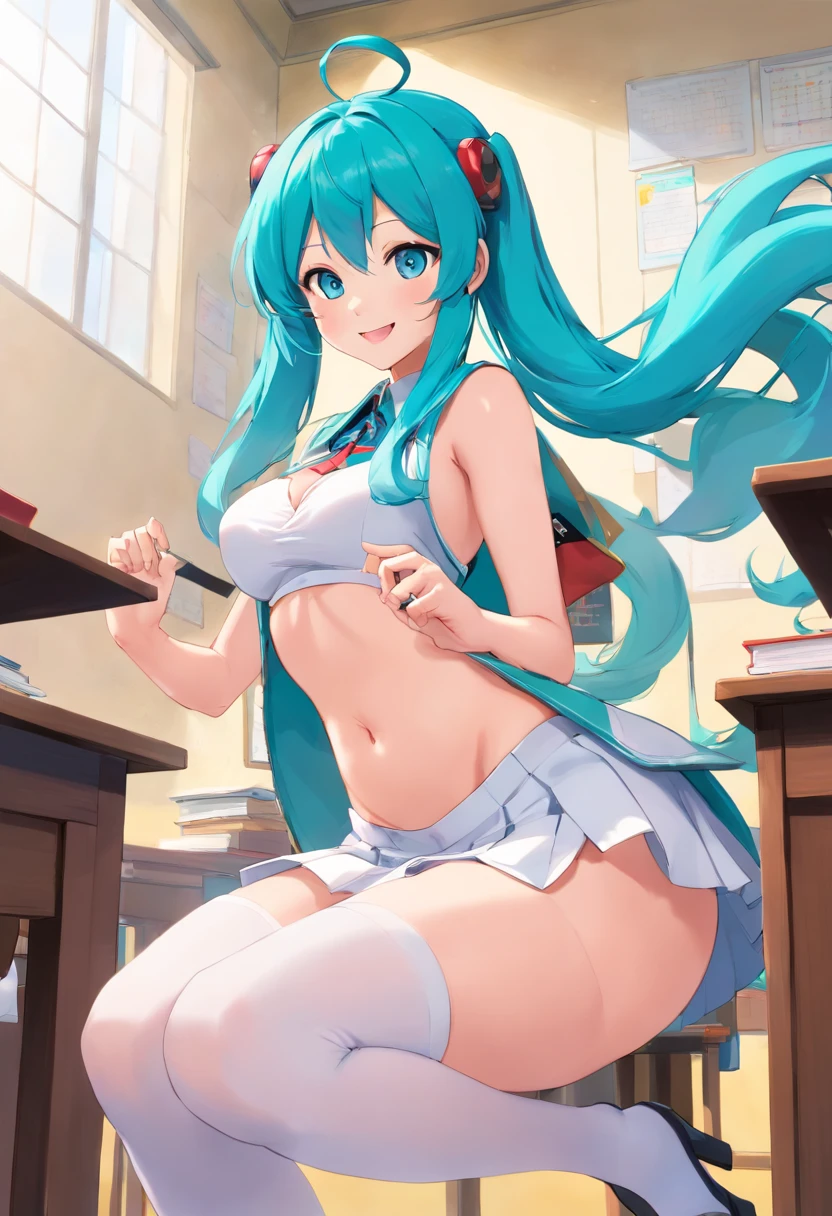 Miku Hatsune、Blue hair、big、ssmile、High school students、high school uniform、Lightly dressed、mini skirt、white panty、Classroom, giantess,huge hips, Huge-breasts, Curvy shapes, Milf