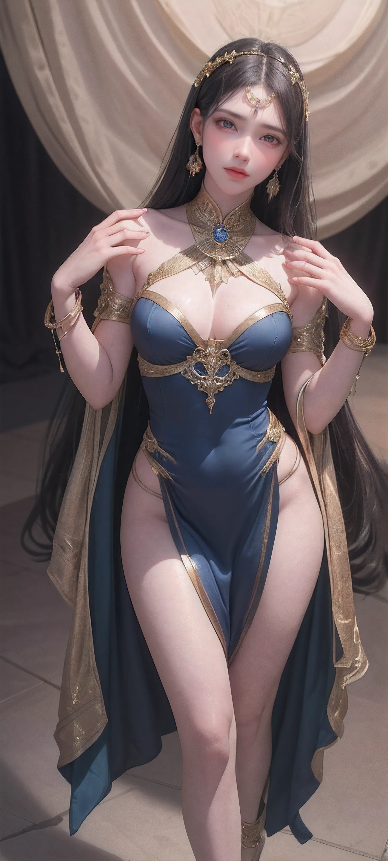 POV,(8k, RAW photo, best quality, masterpiece:1.2),(realistic, photo-realistic:1.37),photo mapping,professional lighting,radiosity,1girl,solo,long_hair,(bracelet:1.1),(long legs:1.2),(earrings:1.1),physically-based rendering,proscenium,performance,Egyptian costumes,dark blue and gold dress,shinny dress,Correct hands,