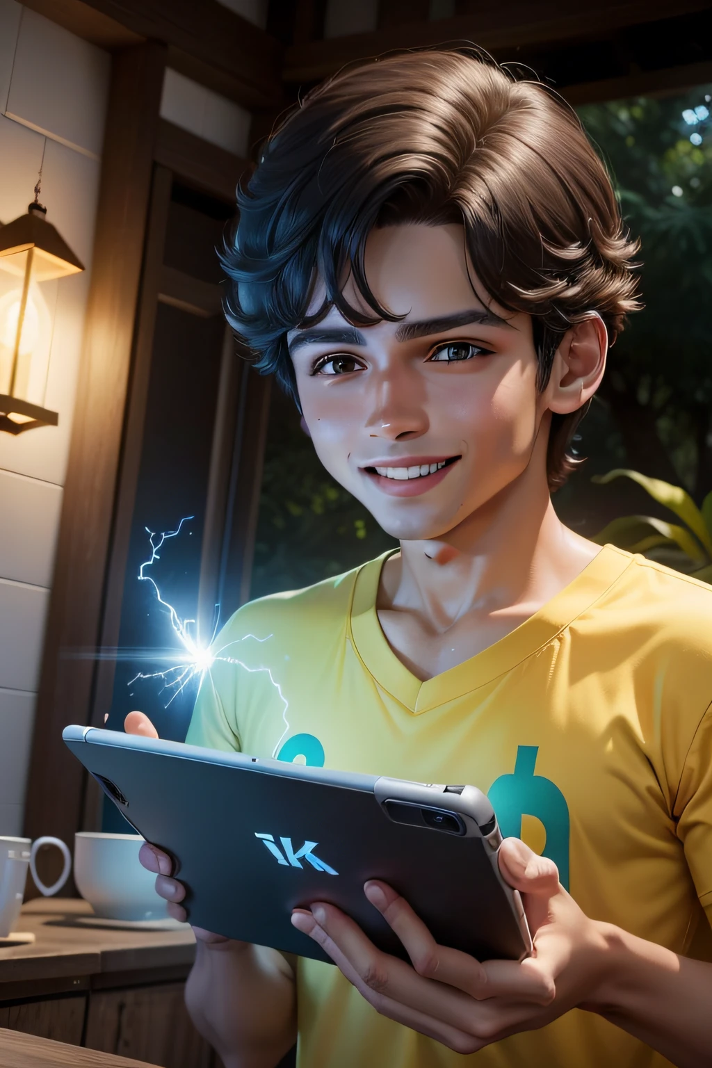 joven com um tablet, em uma casa de campo, sorrindo e jogando um jogo eletronico foto 4k ultra realista full hd