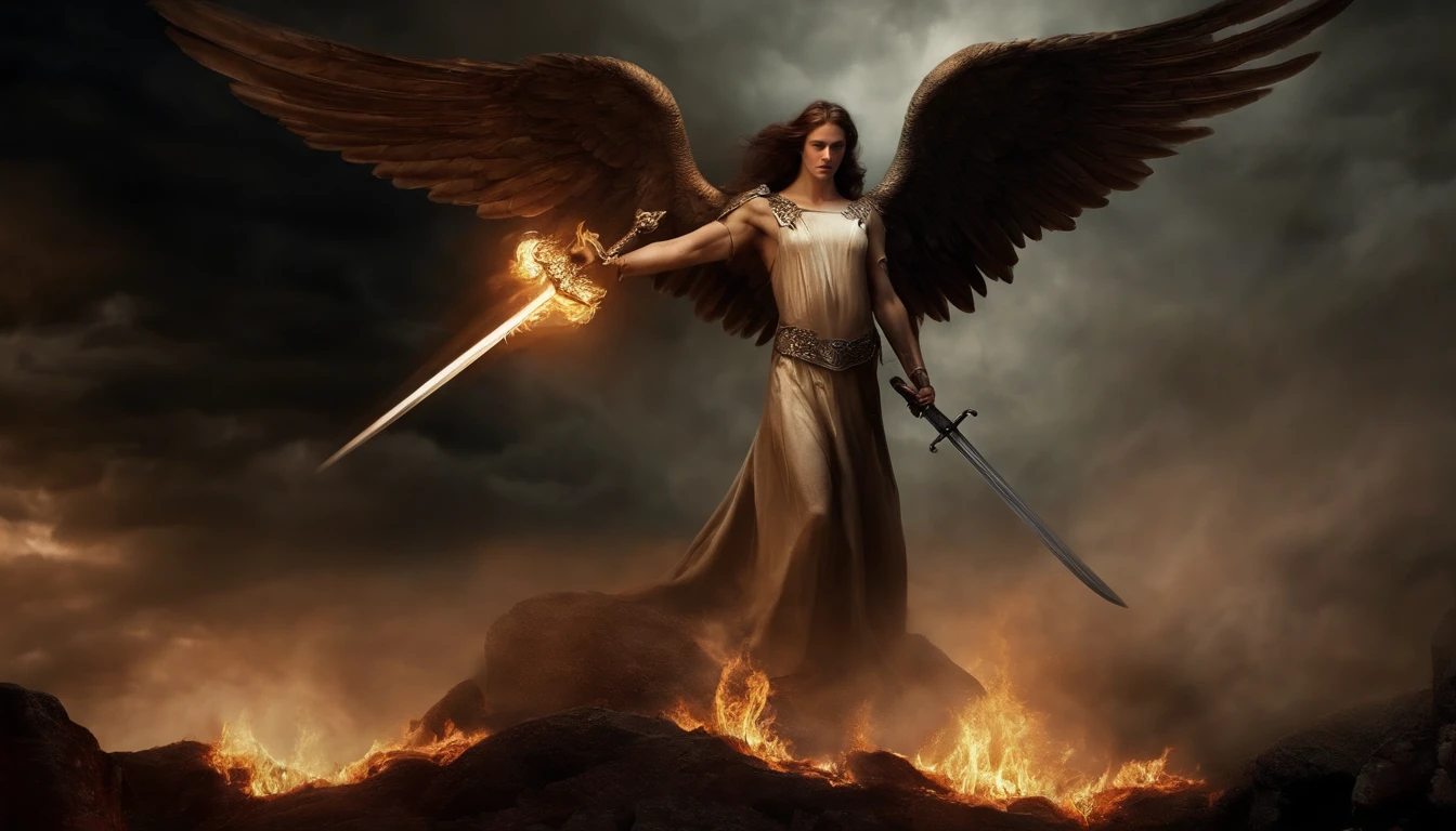 an image of an angel with a sword standing in hell, Anjo no inferno, arcanjo, angels vs demons, angel watching demon, angels and demons, anjo protegendo o homem, Battle between angels and demons, anjo super largo, epic angel wings, angels protecting a praying man, necessidade humana anjo da morte. ((imagem epica)), ((alta qualidade))