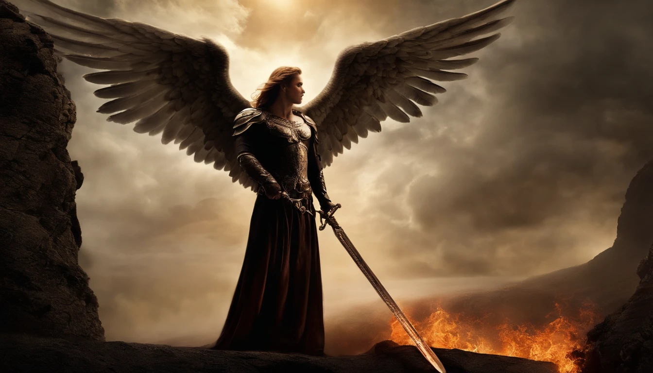 an image of an angel with a sword standing in hell, Anjo no inferno, arcanjo, angels vs demons, angel watching demon, angels and demons, anjo protegendo o homem, Battle between angels and demons, anjo super largo, epic angel wings, angels protecting a praying man, necessidade humana anjo da morte. ((imagem epica)), ((alta qualidade))