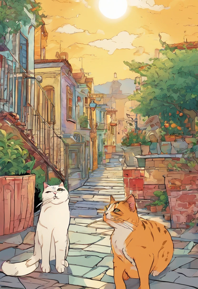 American comics, The comic story is presented in multiple irregular colored panels. American shorthair cats go through hardships when they run away from home，Then reunite with the host. The style is exaggerated and meticulous，afternoon sunshine，Have by the sea，