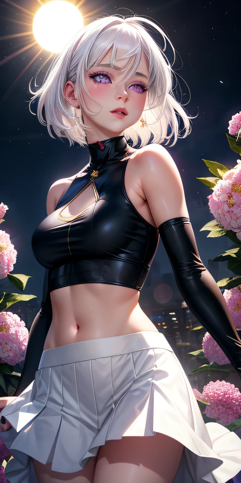 realistic, 1girl, white hair, purple eyes, glowing eyes, crop top, skirt, parted lips, blush, night, flowers, sun, sunlight,
