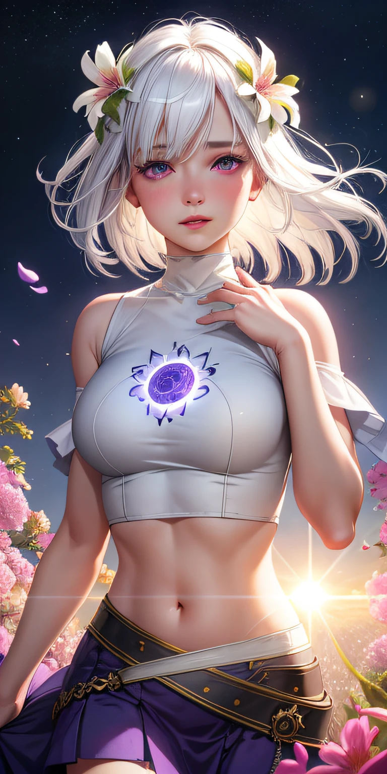 realistic, 1girl, white hair, purple eyes, glowing eyes, crop top, skirt, parted lips, blush, night, flowers, sun, sunlight,