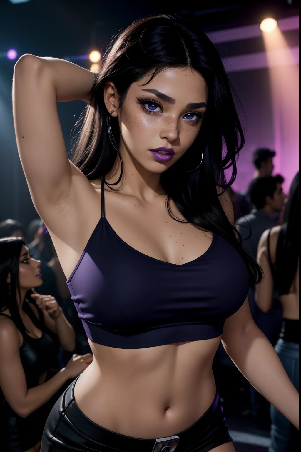(photorealistic Blackfire dancing in a club, ager, purple tube top, black miniskirt, big eyes, big lips, teen, freckles on face, ), detailed face, afternoon, masterpiece, dark lipstick, eyeshadow, hyperrealism, heavy makeup, face and chest focus, sweating, long hair, lipstick, suggestive pose, dark areolae, excited, (detailed face), dancing