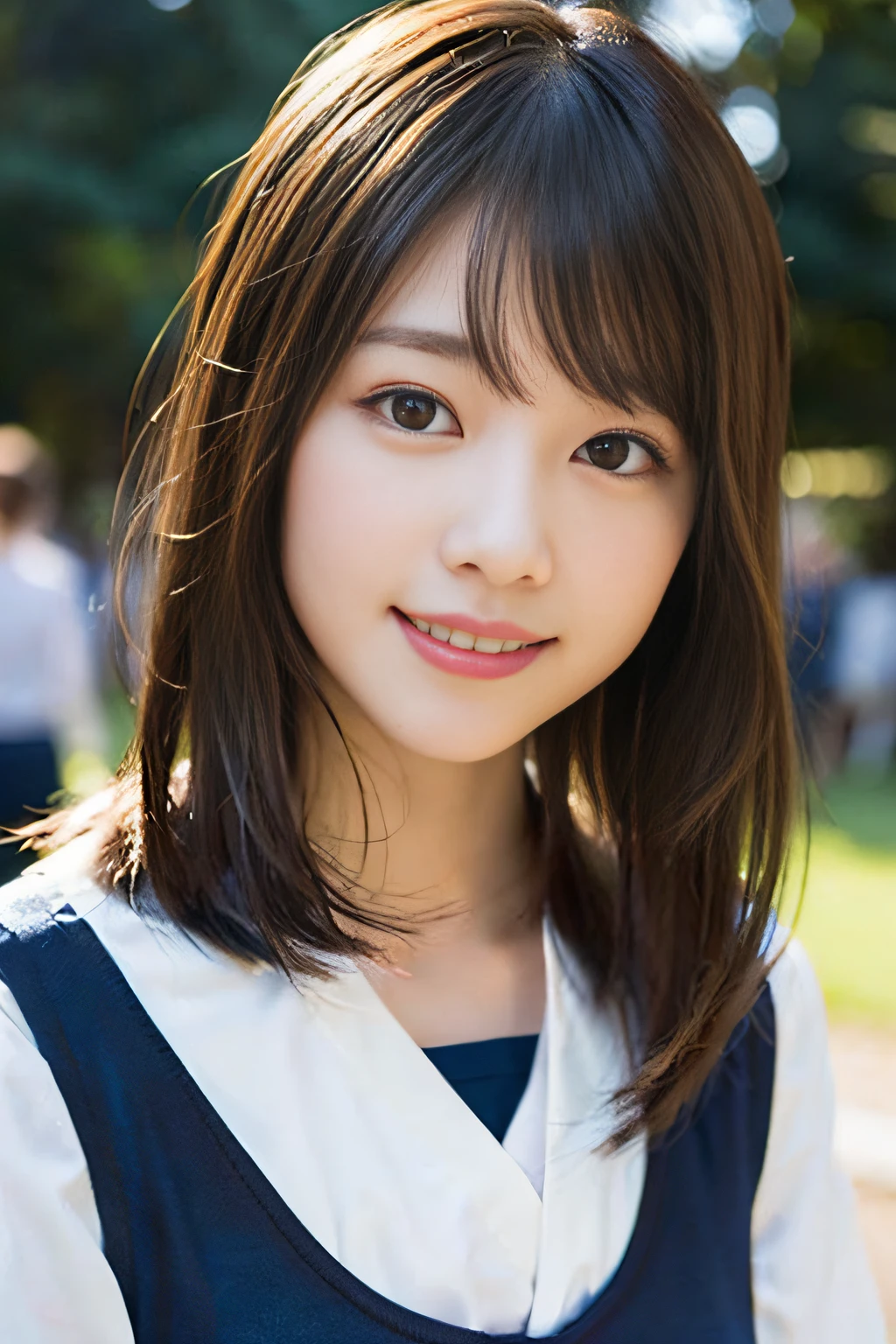 (8K、Raw photography、top-quality、​masterpiece:1.2)、(realisitic、Photorealsitic:1.37)、ultra-detailliert、超A high resolution、女の子1人、see the beholder、beautifull detailed face、A smile、Constriction、(Slim waist) :1.3)、Beautiful detailed skin、Skin Texture、Floating hair、Professional Lighting、Whole human body、Longhaire、a blond、japanese hight school uniform、hi-school girl、a sailor suit、Bob Hair、University、Happy smile, (hyper pretty face:1.5),