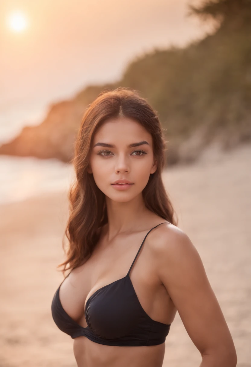 SEXY WOMAN, 20 y.o., slim, athletic, shiny tanned skin, big breasts, slim waist, brown hair, Realistic, photography, real, natural, beach, people on background