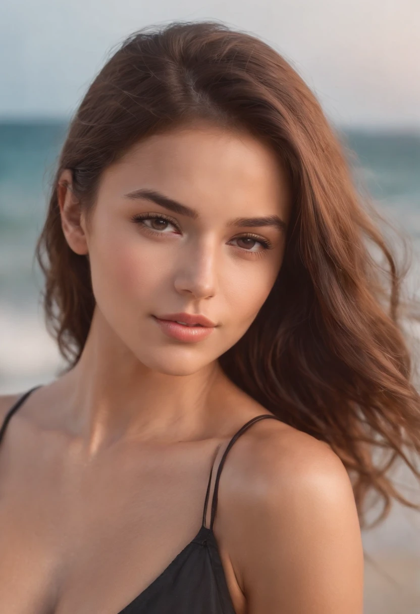 SEXY WOMAN, 20 y.o., slim, athletic, shiny tanned skin, big breasts, slim waist, brown hair, Realistic, photography, real, natural, beach, people on background