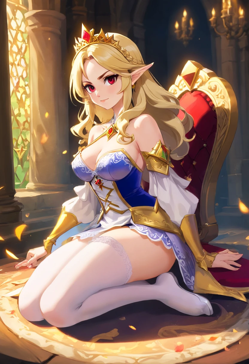 Evil Queen，diadems，red - eyed，fang，White stockings，white long gloves，No shoes，Manteau blanc，short  skirt，Full body like，conservativelydressed，Long white slippers，unholy，Sit Pose，Armed with a long knife，In a huff，big breasts beautiful，whaite hair，short detailed hair