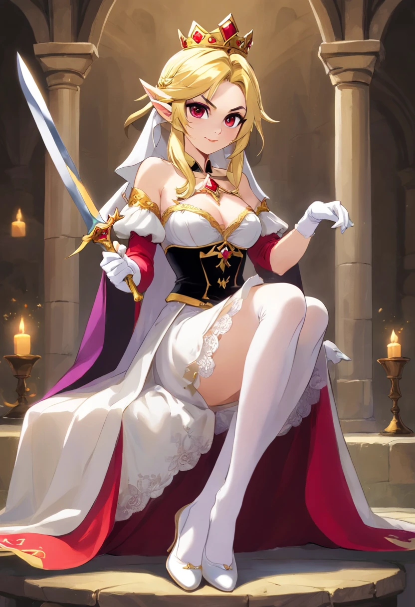 Evil Queen,diadems,red - eyed,fang,White stockings,white long gloves,No shoes,Manteau blanc,short skirt,Full body like,conservativelydressed,Long white slippers,unholy,Sit Pose,Armed with a long knife,In a huff,big breasts beautiful,whaite hair,short detailed hair