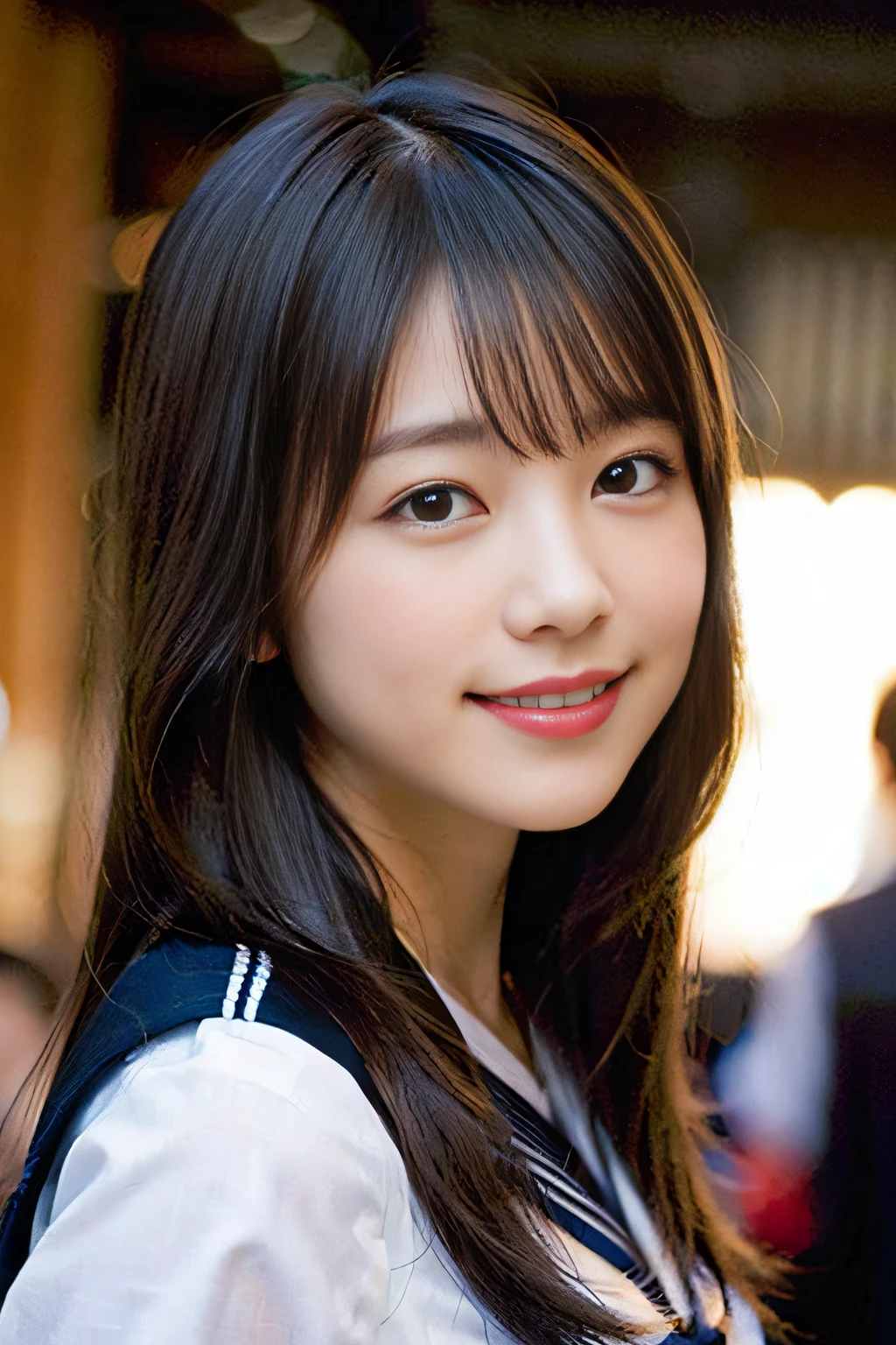 (8K、Raw photography、top-quality、masterpiece:1.2)、(realisitic、Photorealsitic:1.37)、ultra-detailliert、超A high resolution、女の子1人、see the beholder、beautifull detailed face、A smile、Constriction、(Slim waist) :1.3)、Beautiful detailed skin、Skin Texture、Floating hair、Professional Lighting、Whole human body、Longhaire、a blond、japanese hight school uniform、hi-school girl、a sailor suit、Bob Hair、University、Happy smile, (hyper pretty face:1.5),