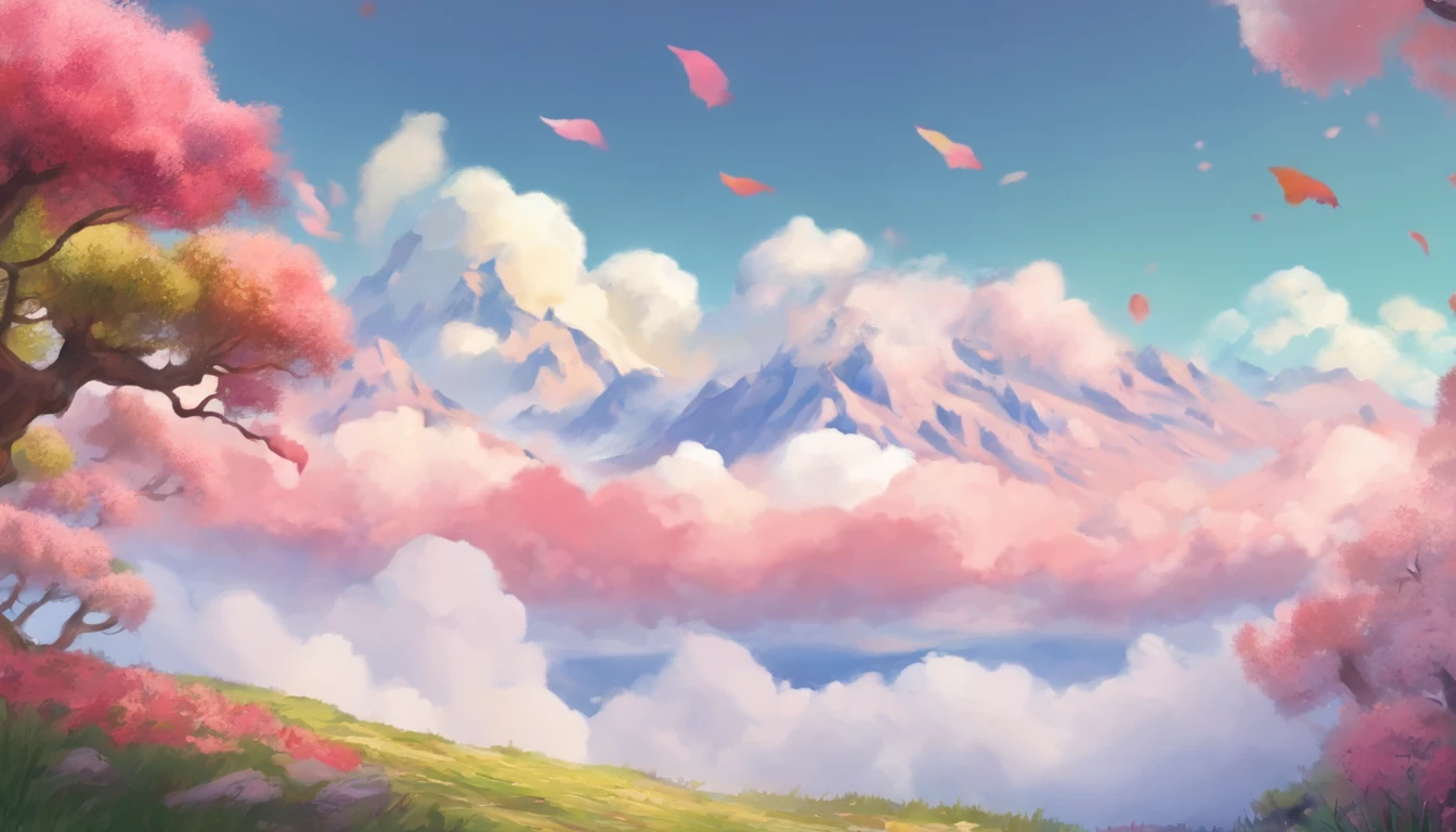 Uma paisagem de fantasia, pequenas montanhas distantes, sky white clouds, alguns pinheiros, arte conceitual 4K detalhada, 8k