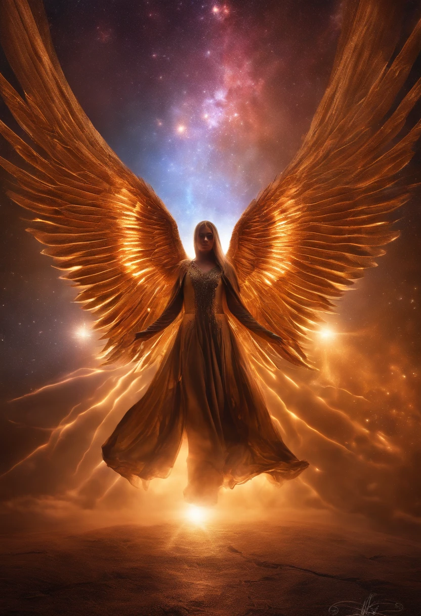cosmic fallen angel, olhos claros brilhantes, Biomechanicals, estranho, assustador, Pesadelo, cores muito brilhantes, light particles, com luz brilhante, Mshiff, Arte do papel de parede, Papel de parede UHD