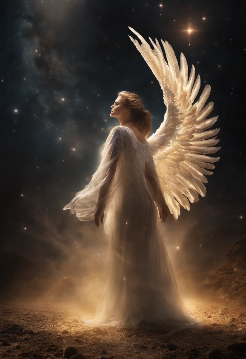 cosmic fallen angel, olhos claros brilhantes, Biomechanicals, estranho, assustador, Pesadelo, cores muito brilhantes, light particles, com luz brilhante, Mshiff, Arte do papel de parede, Papel de parede UHD