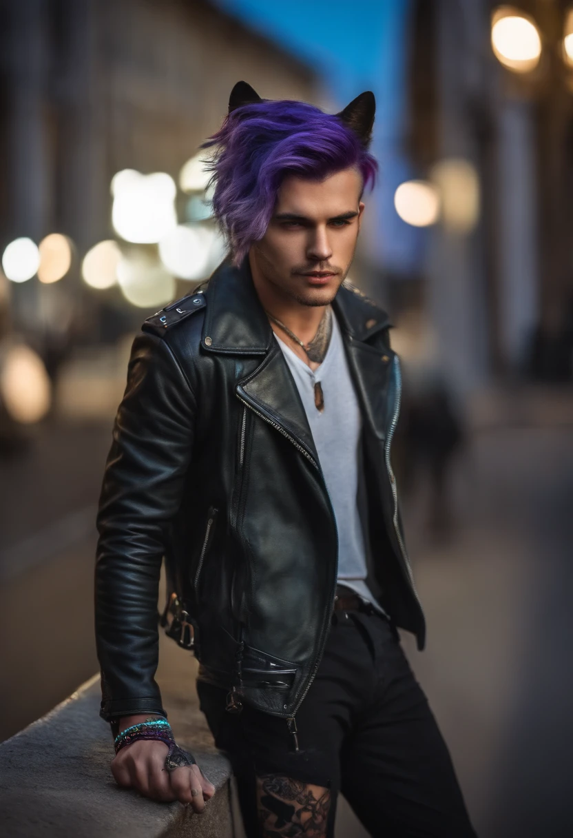 A cute guy with purple and blue hair, Striped hair, Short hairstyle, Wearing Google and leather jackets, Colorful tattoos, Detailed accessories, ([Cat tail and ears]:1.3), (Intricate details), hdr, (Intricate details, ultra - detailed:1.2), cinema shot, Vignette, Centered