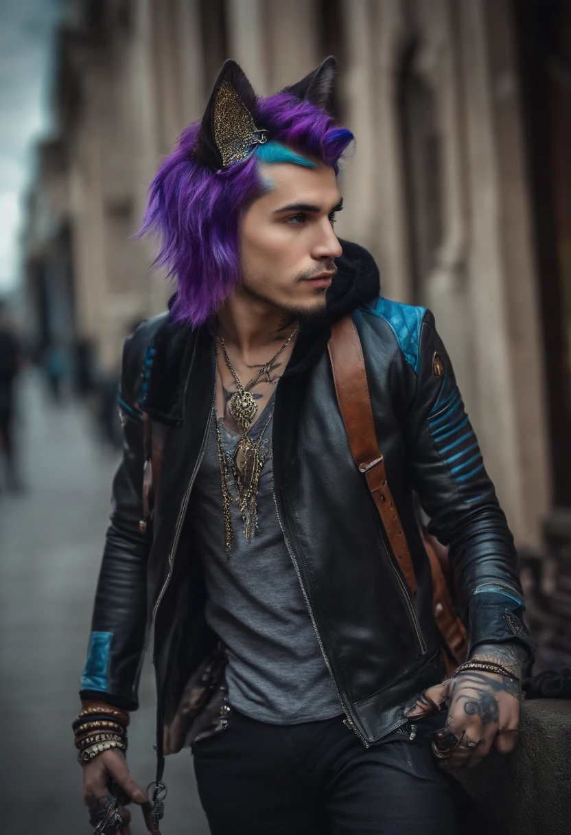 A cute guy with purple and blue hair, Striped hair, Short hairstyle, Wearing Google and leather jackets, Colorful tattoos, Detailed accessories, ([Cat tail and ears]:1.3), (Intricate details), hdr, (Intricate details, ultra - detailed:1.2), cinema shot, Vignette, Centered