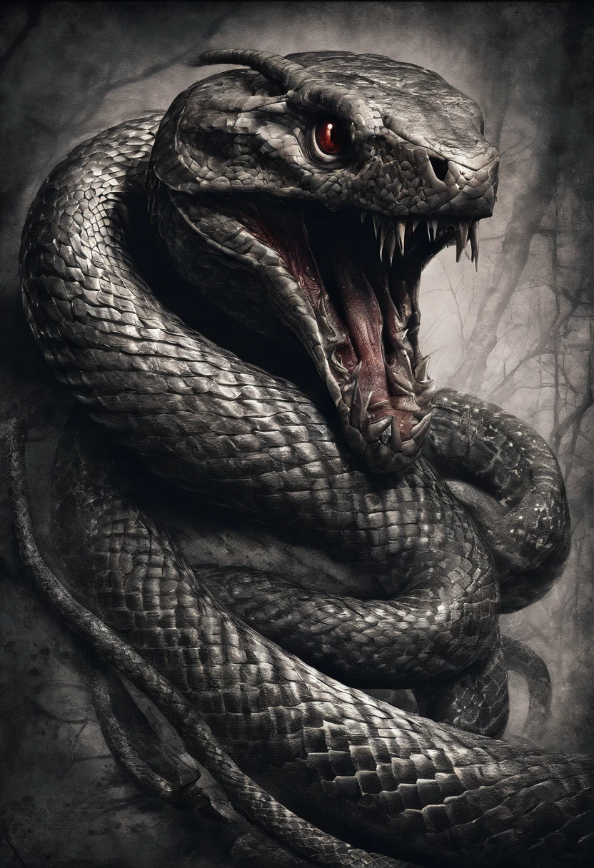 (Vicious serpent),(The snake stands upright),(The head of the snake is to the right),The snake's head is high,The snake is thick and thin,The snake's tail coiled,(The snake has a pair of dark red horns on its head),(The snake's scales shone with a dark red sheen),The snake's eyes shone red,high qulity,high detal,(transparent background)
