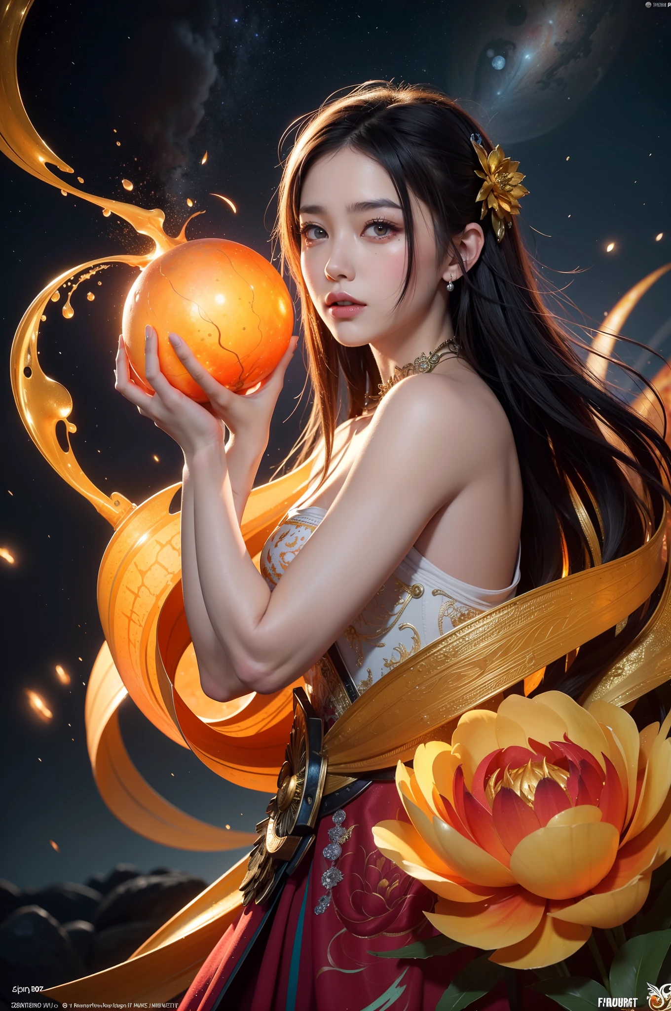 Jupiter, splash art, a close up liquid luminous moon lady made of colors, silver, red, orange, light yellow, grey golden, liquid fire peony flowers, filigree, filigree detailed, swirling fire flames, Galaxy, color drops, color waves, moonlight, splash style of colorful paint, hyperdetailed intricately detailed, unreal engine, fantastical, intricate detail, splash screen, complementary colors, fantasy, concept art, 8k resolution, masterpiece, oil painting, heavy strokes, paint dripping, splash arts, fantasy art, concept art, centered composition perfect composition, centered, intricated pose, intricated